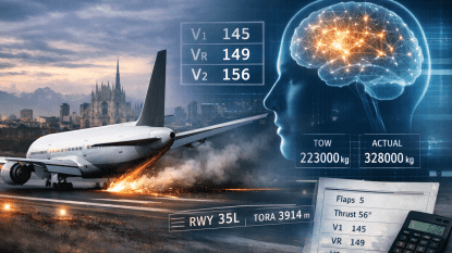 Aircraft taking off with performance data.
