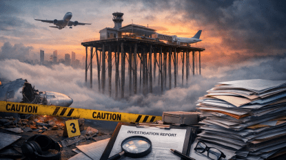 Abandoned airport with investigation documents.