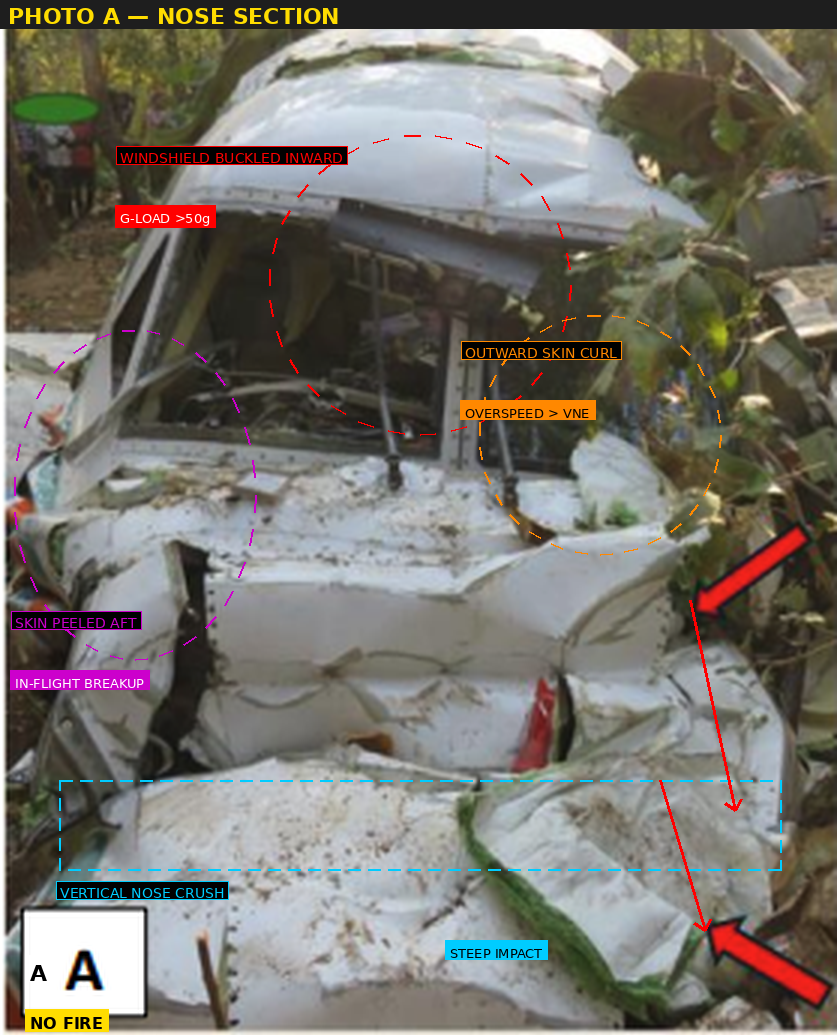 Photo A: Nose Section — vertical crush, buckled windshield, outward skin curls