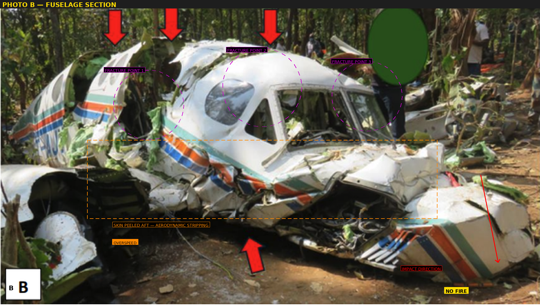 Photo B: Fuselage — multiple fracture points, skin peeled aft