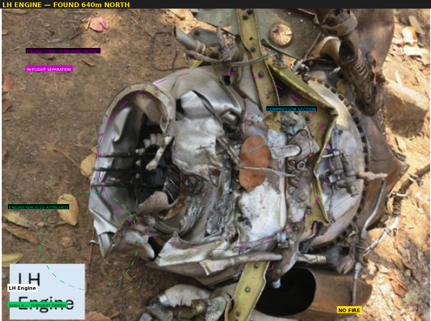 LH Engine — torn from mount, found 640m north