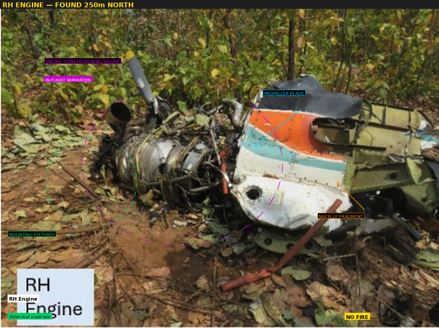 RH Engine — torn from mount, found 250m north